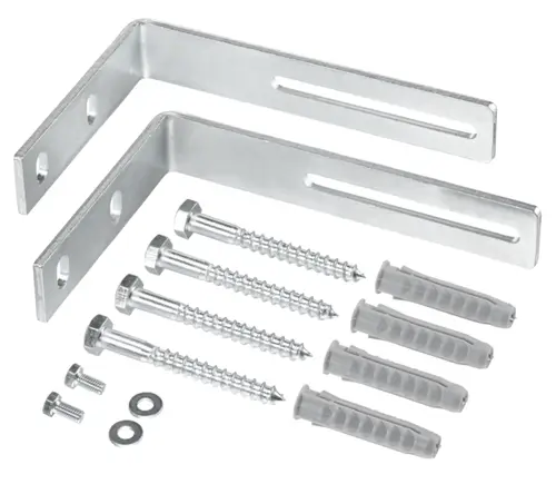 Wandhalterung aus Metall mit zwei Winkeln, darunter Schrauben und Dübel, produziert von Oventrop, für die Montage eines Verteilerbalkens.